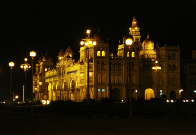 Mysore's palace illuminated at night