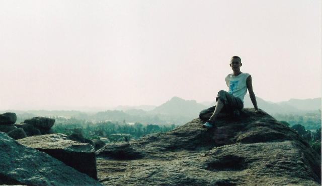 Self-portrait with landscape panorama Hampi India